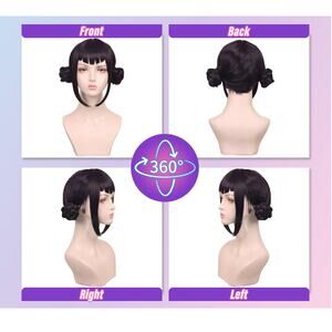 Short Black Purple Cosplay Wig with 2 Buns for Women Halloween Party Costume